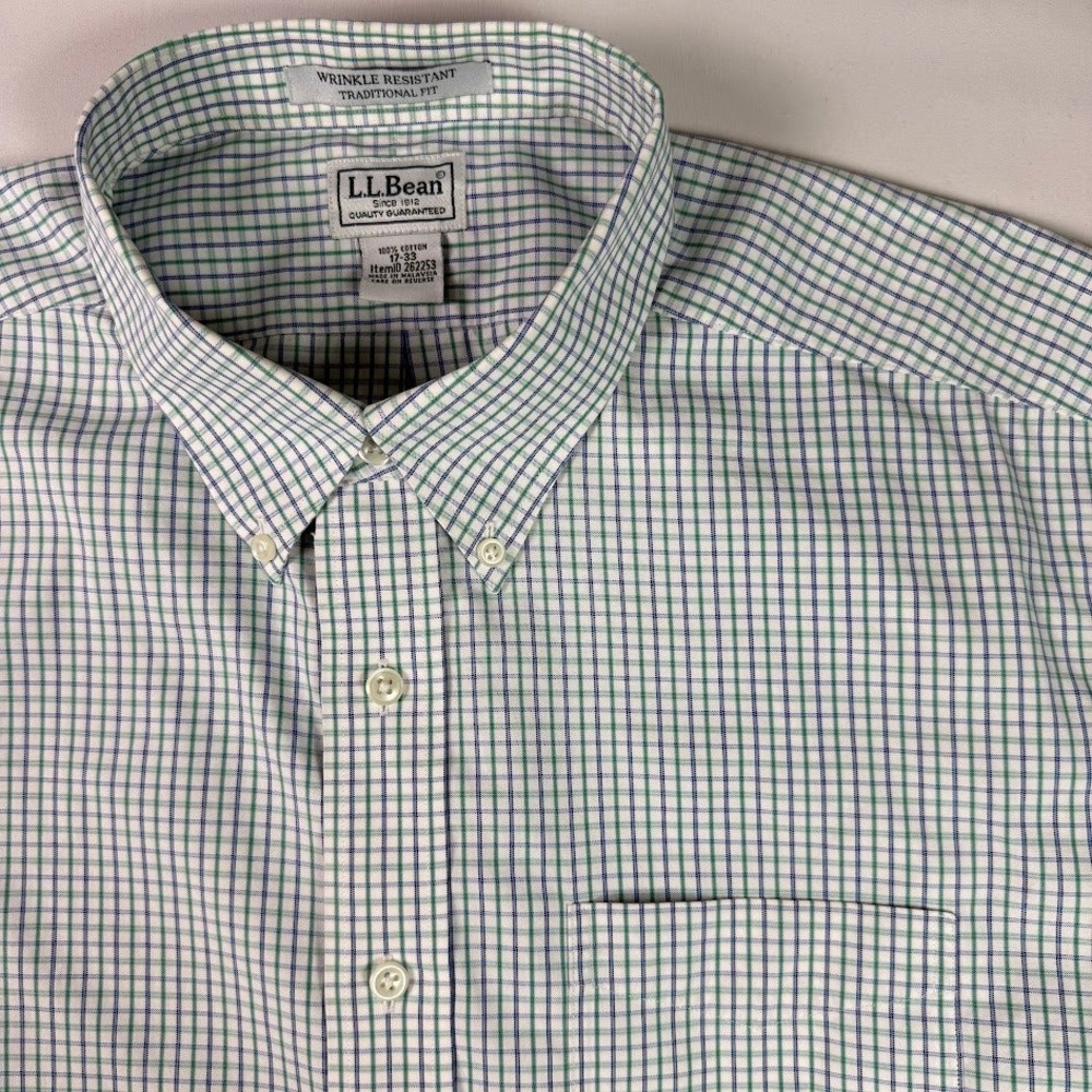 LL Bean Mens 17-33 Traditional Fit Wrinkle Resistant Tattersall Shirt Green Blue